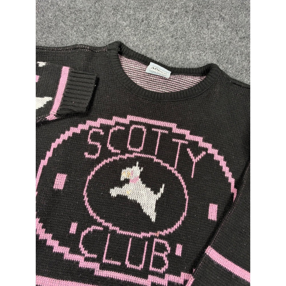 Vintage Adele Knitwear Scottie Dog Club Sweater Black Pink Made USA